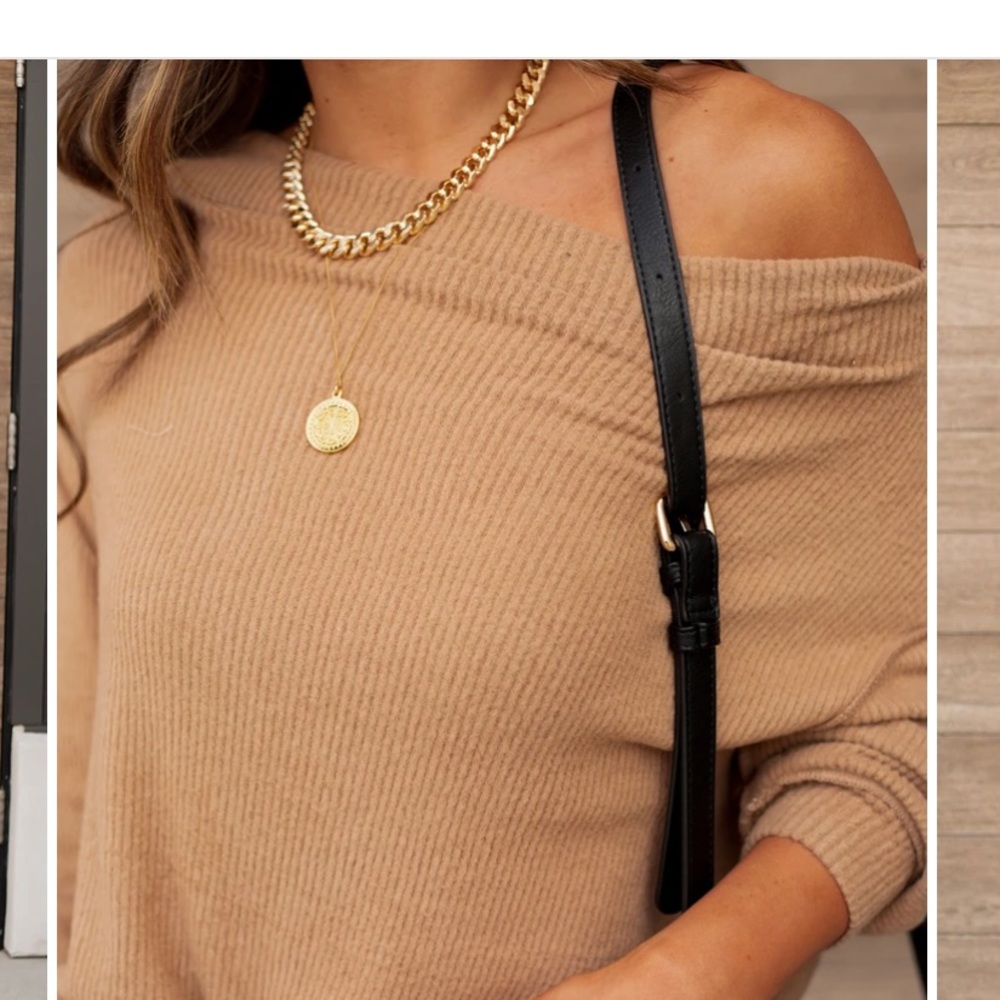 Brown Off Shoulder Ribbed Top - Picture 2 of 5